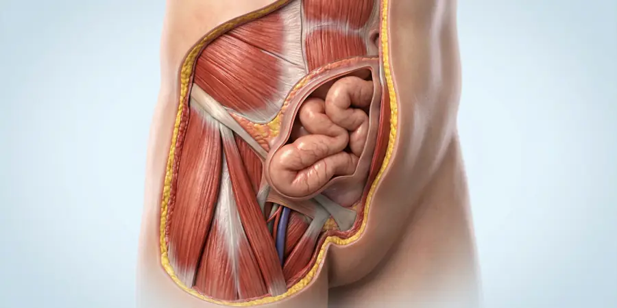 Ilustración anatómica de la pared abdominal y la región inguinal para cirugía de hernias
